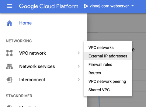 Google Cloud Platform external IP address console menu item