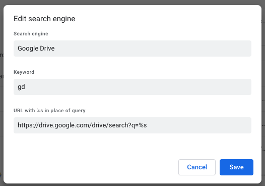Google Chrome > Manage Search Engines > Edit dialog