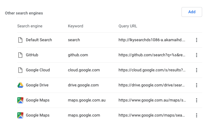 Google Chrome > Settings > Manage Search Settings